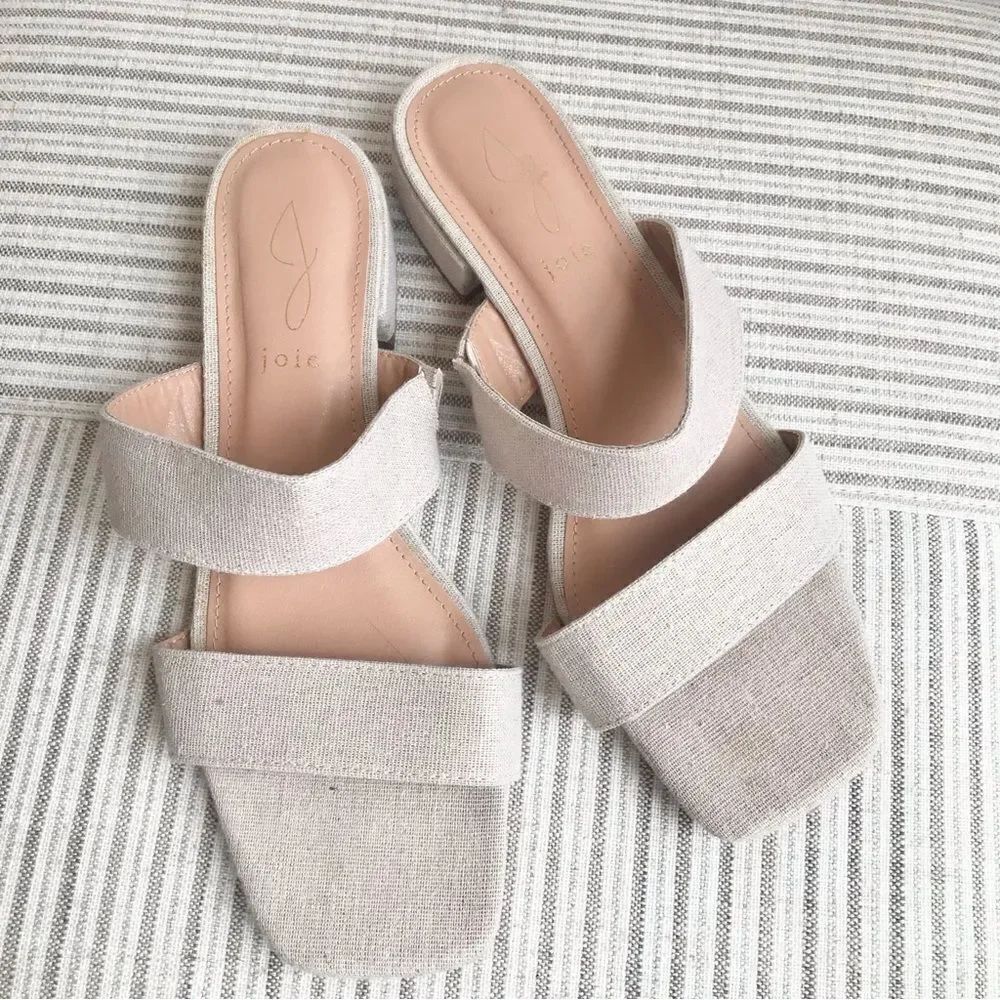 Joie NOLITA Cream Beige Woven Linen Fabric Double Strap Slip On Mule Sandals